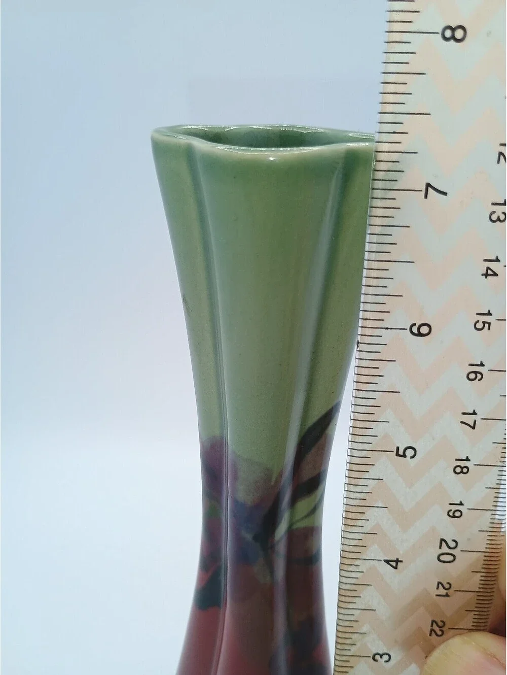 Vintage Ceramic Flower Vase with Green and Red Floral Design signed by Follette